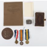 Great War Casualty Medal Trio and Memorial Plaque to a Private Who Was Missing Presumed Killed in Ac