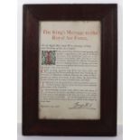 Framed Kings Message to the RAF 1918