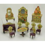 Suite of wooden paper lithographed Dolls House furniture, German 1880s,