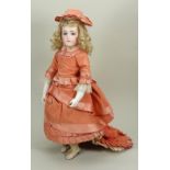 Beautiful early portrait Jumeau bisque shoulder head fashion doll on kid over wood body, French circ