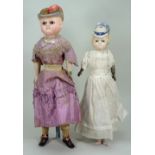 Two wax over composition Pumpkin shoulder head dolls, English 1860s,