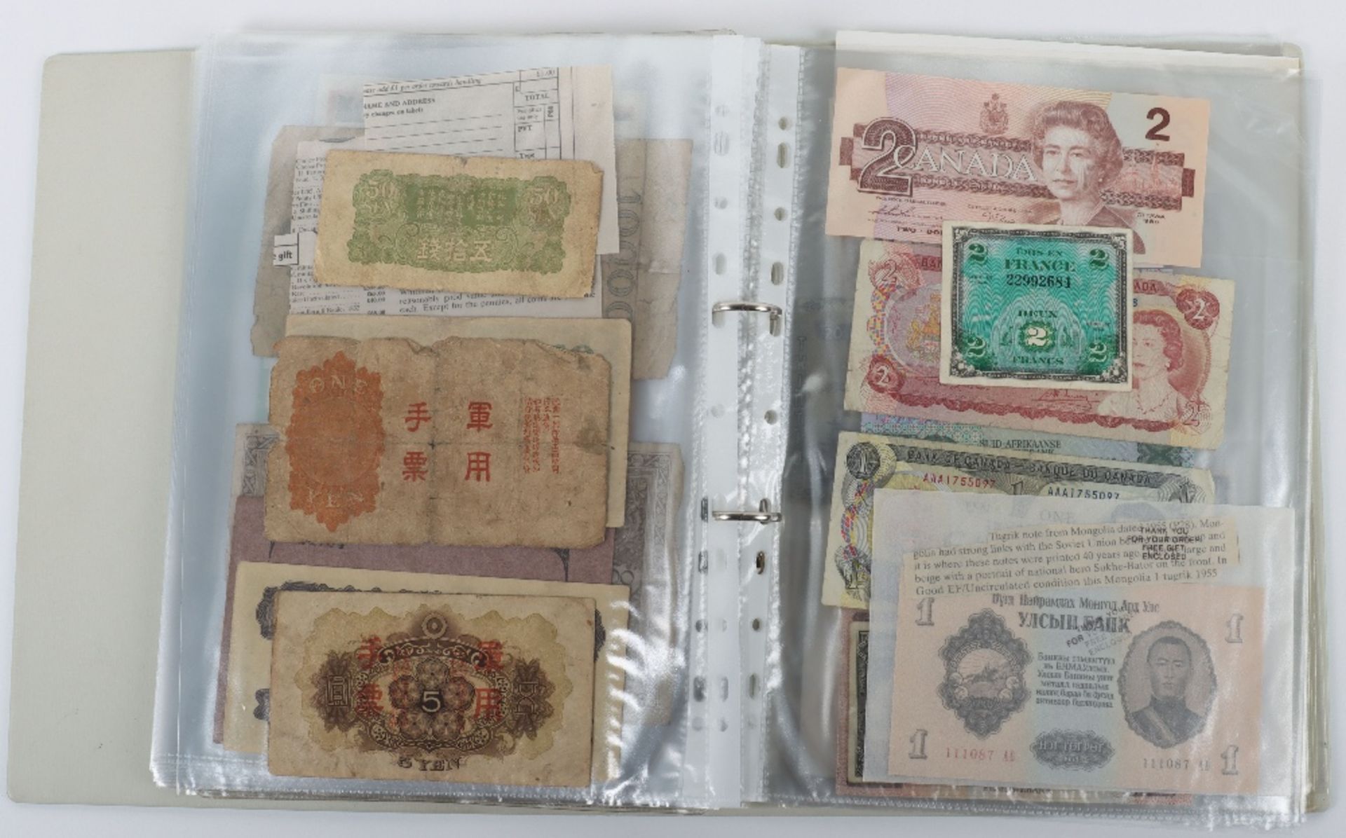 A folder of banknotes, including Canal & Banking Co New Orleans Five Dollar 1860’s, British Armed Fo - Image 29 of 35