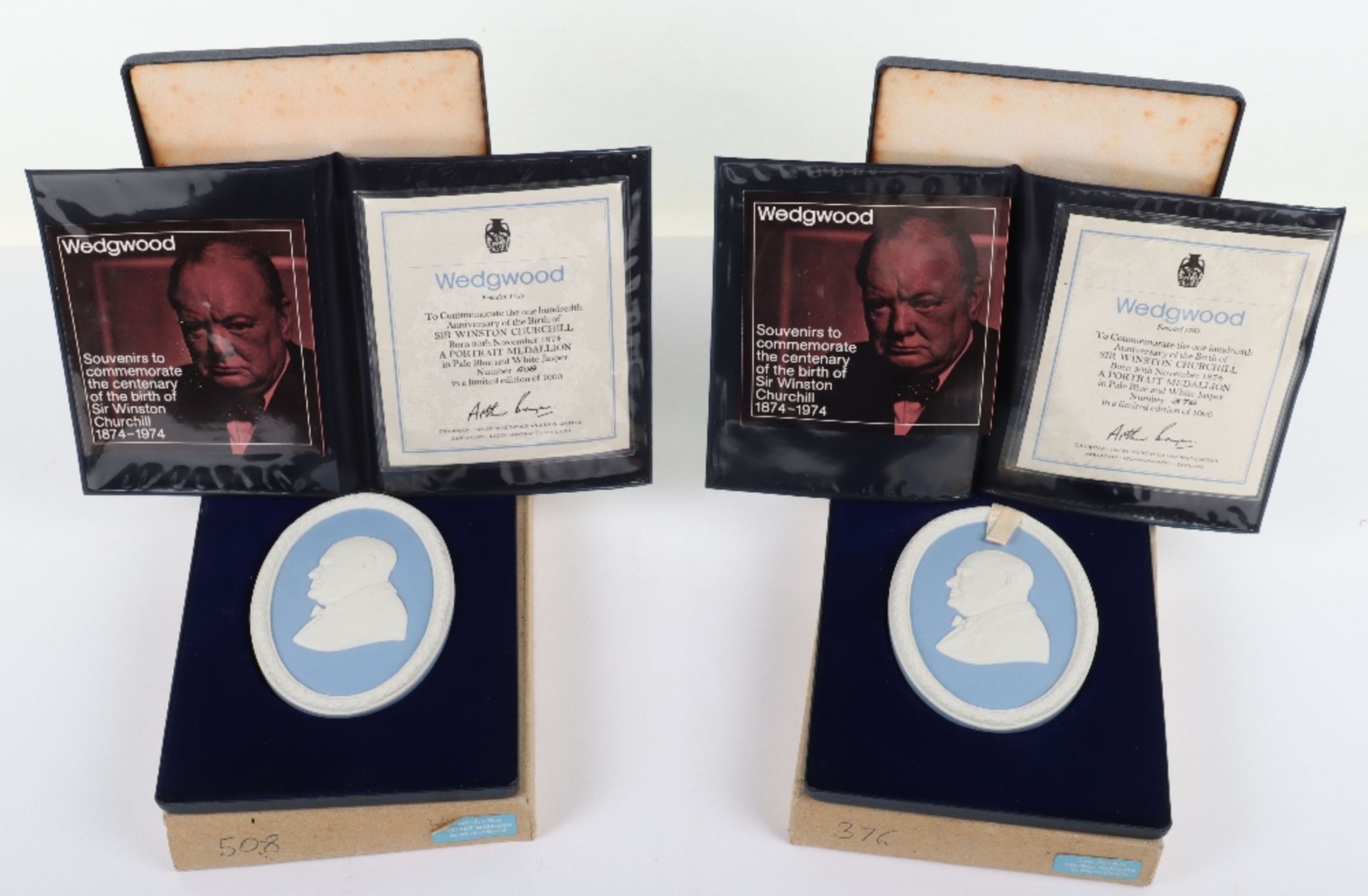 Wedgwood blue and white Jasper portrait medallions, two Churchill and two Queen Mother - Image 4 of 6