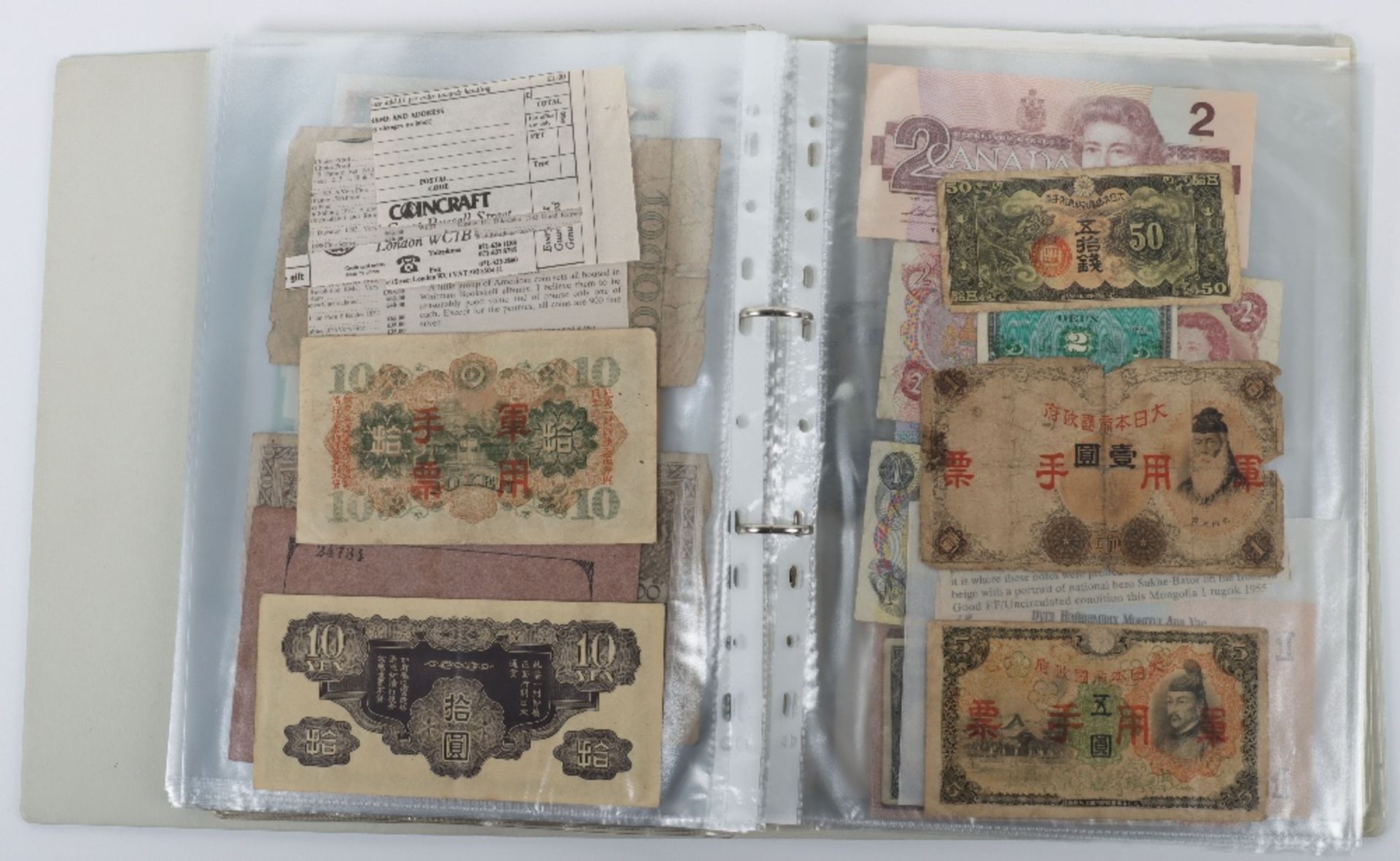 A folder of banknotes, including Canal & Banking Co New Orleans Five Dollar 1860’s, British Armed Fo - Image 28 of 35