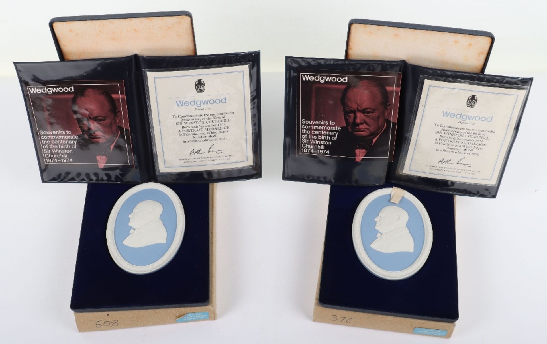 Wedgwood blue and white Jasper portrait medallions, two Churchill and two Queen Mother - Image 5 of 6