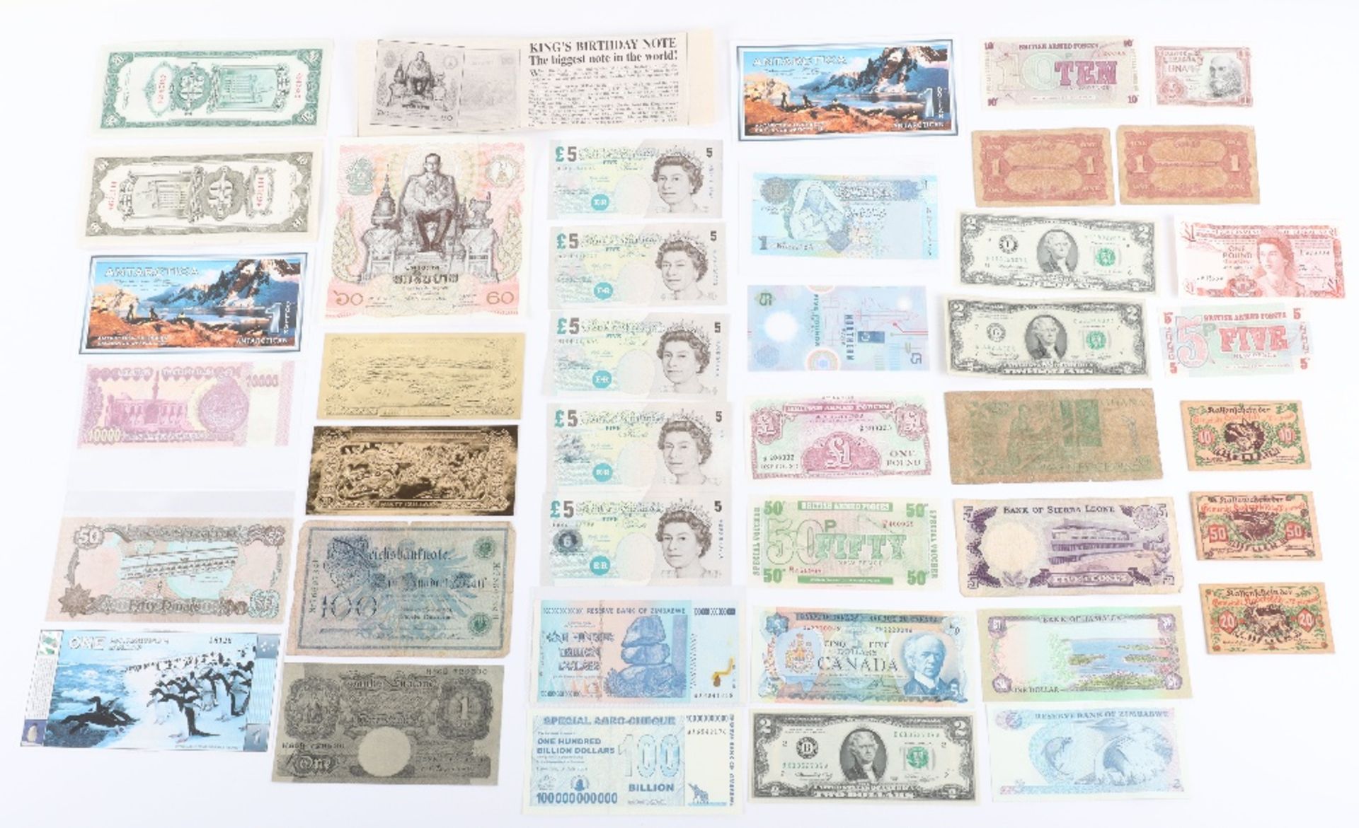 Selection of GB and world banknotes, including five Five Pound notes with washable HB serial numbers