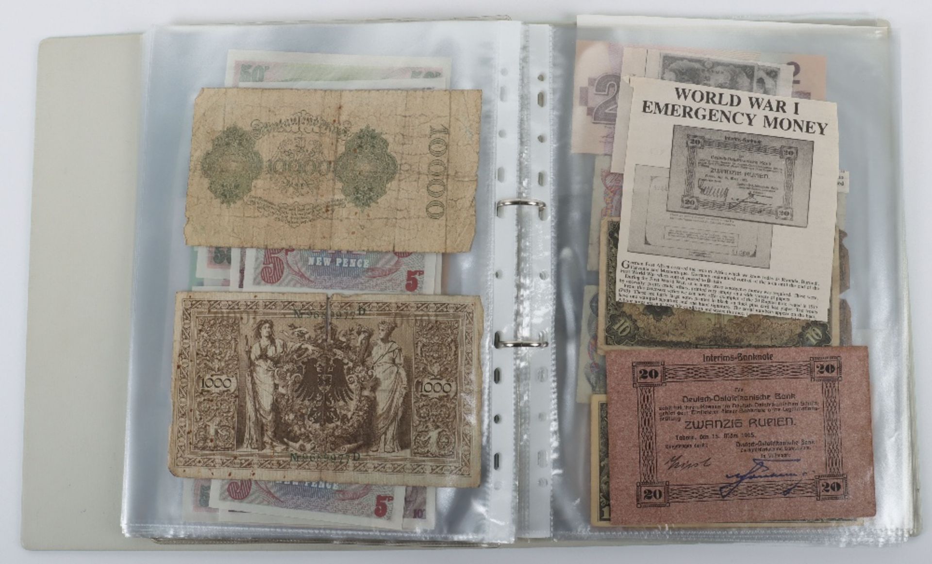 A folder of banknotes, including Canal & Banking Co New Orleans Five Dollar 1860’s, British Armed Fo - Image 26 of 35