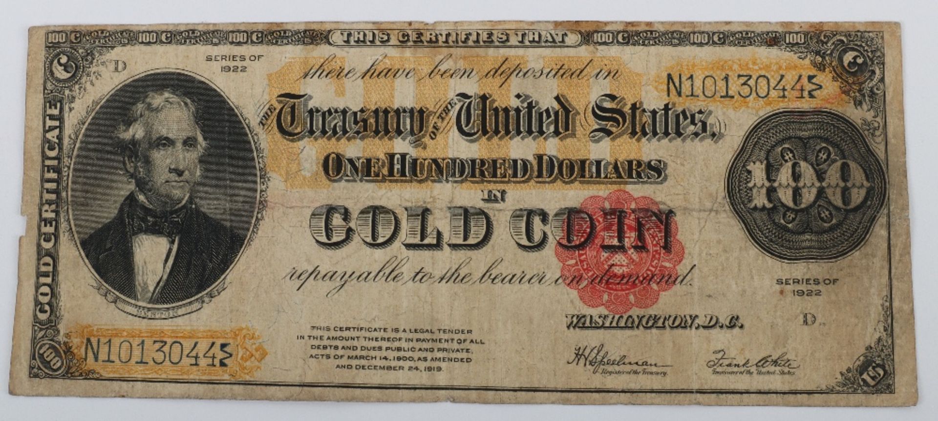 The Treasury of the United States One Hundred Dollars in Gold Coin note, 1922 Series