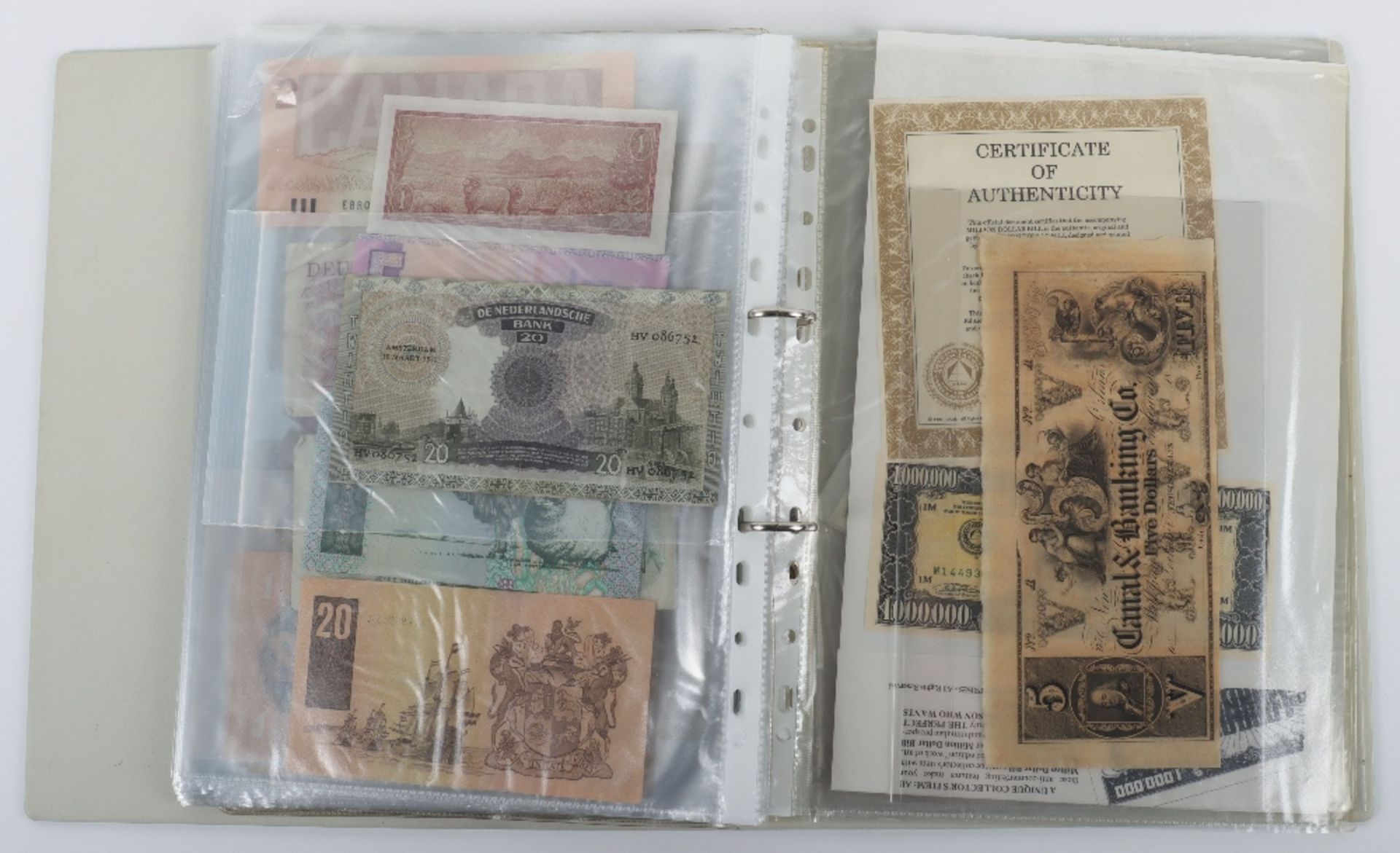 A folder of banknotes, including Canal & Banking Co New Orleans Five Dollar 1860’s, British Armed Fo - Image 33 of 35