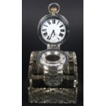 An early 20th century unusual and large silver and glass inkwell/desk clock, John Grinsell & Sons, L