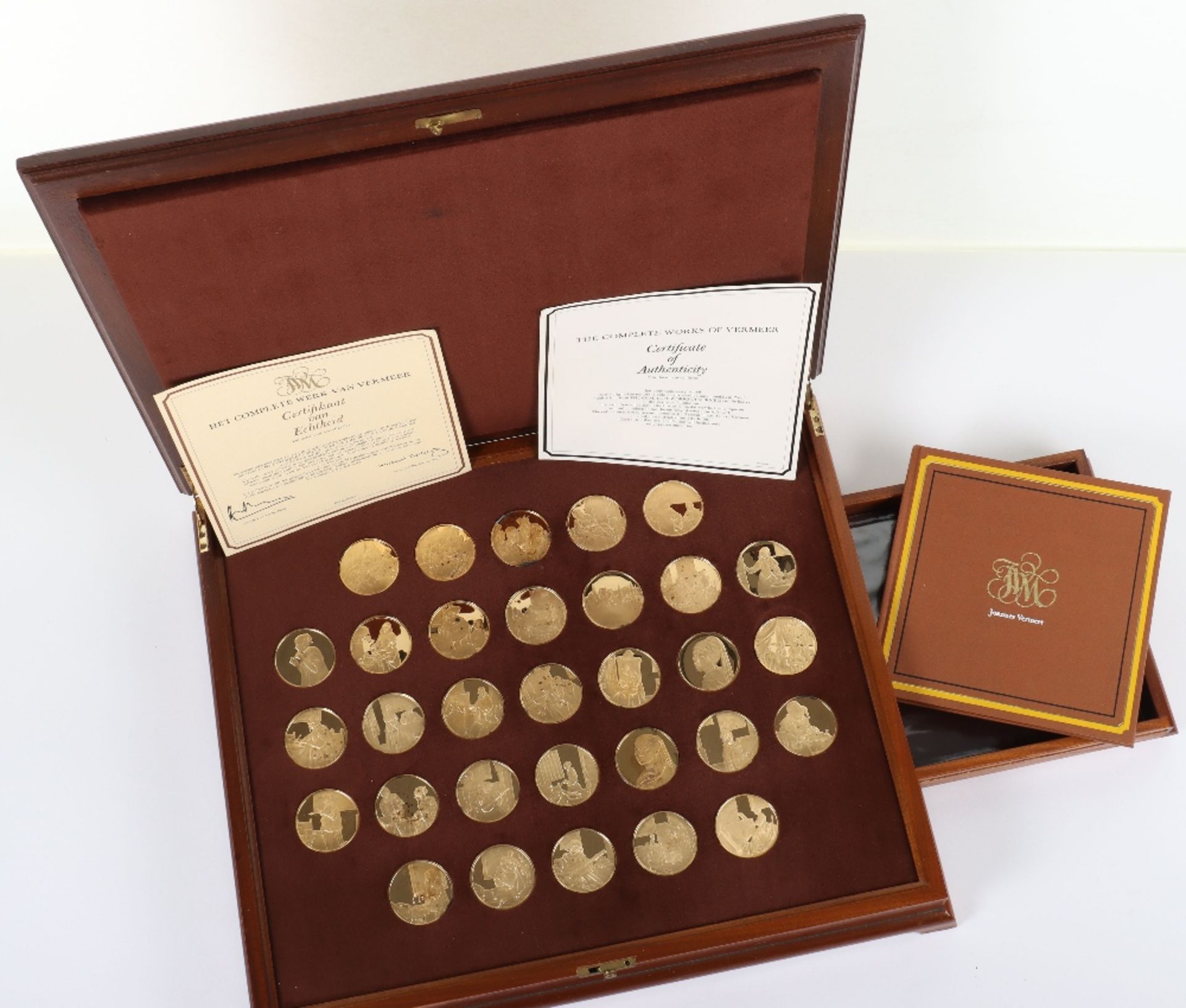 A set of 1970’s silver gilt medallions ‘The Complete Works of Vermeer’, in fitted case with papers, - Image 2 of 5