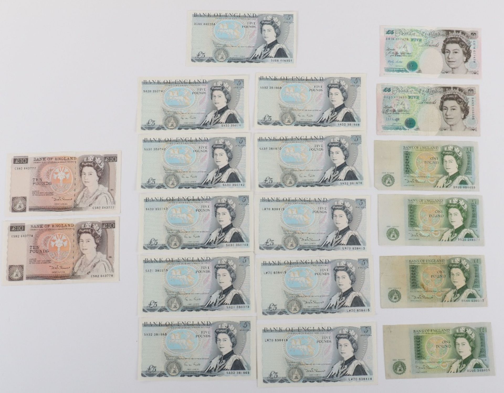 Bank of England, various One Pound, Five Pound and Ten pound banknotes