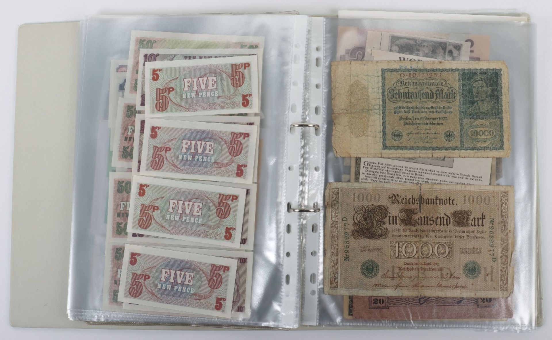 A folder of banknotes, including Canal & Banking Co New Orleans Five Dollar 1860’s, British Armed Fo - Image 25 of 35