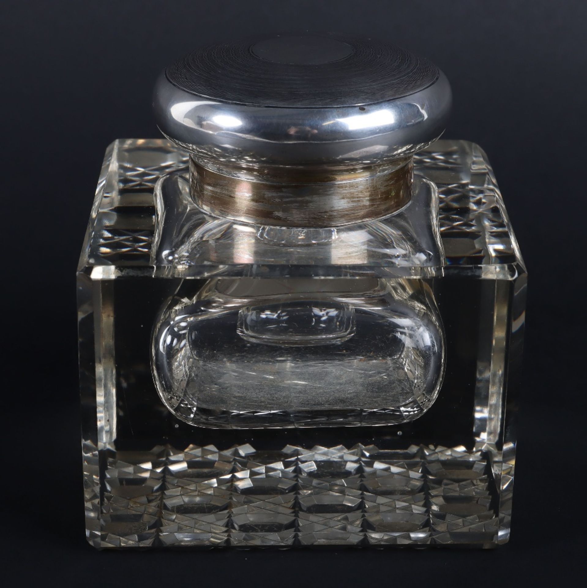 An early 20th century large silver and glass inkwell, London 1924