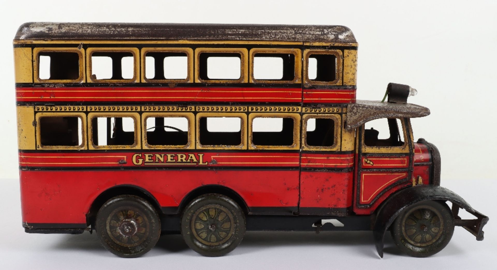 A Gunthermann tinplate clockwork General Double Decker bus with electric light, 1930s - Bild 3 aus 7