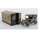 Bing tinplate clockwork car and garage, 1920s