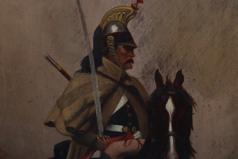 Facing Pair of Oil on Board Paintings of French Napoleonic Cavalry - Image 4 of 6