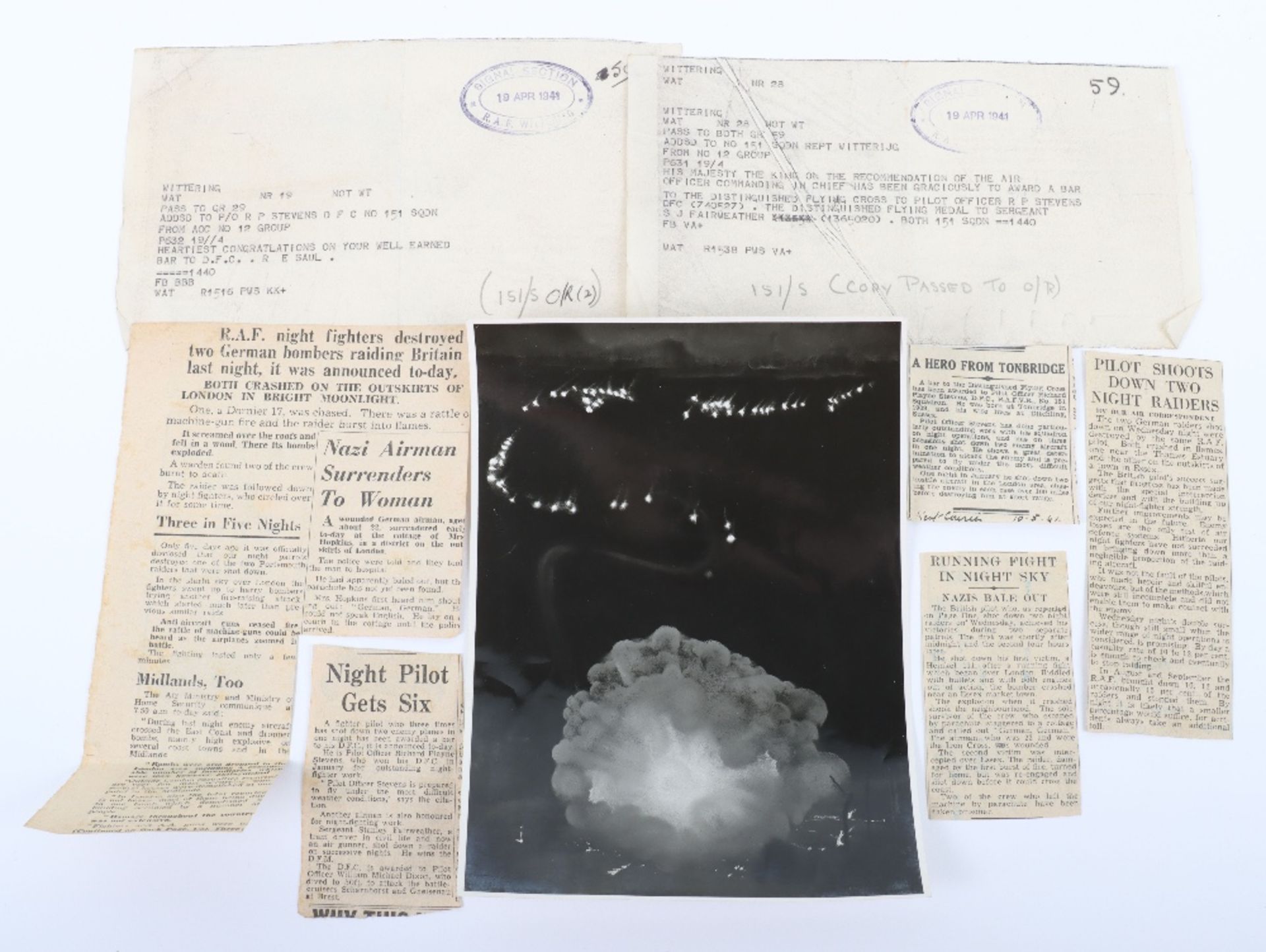 Paperwork and Newspaper Clippings Relating to RAF Night Fighter Ace Flight Lieutenant R P Stevens DF