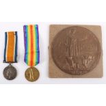 A First World War Pair of Medals & Memorial Plaque Awarded to a Private in the Coldstream Guards, Wh