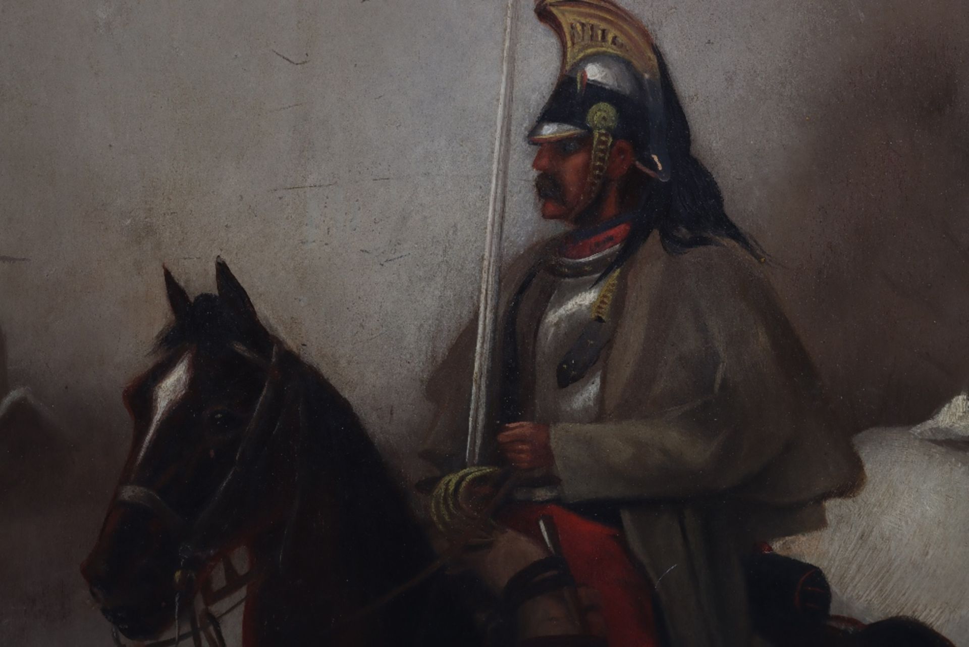 Facing Pair of Oil on Board Paintings of French Napoleonic Cavalry - Image 5 of 6