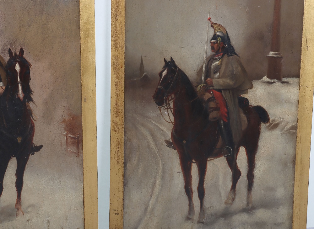 Facing Pair of Oil on Board Paintings of French Napoleonic Cavalry - Image 3 of 6