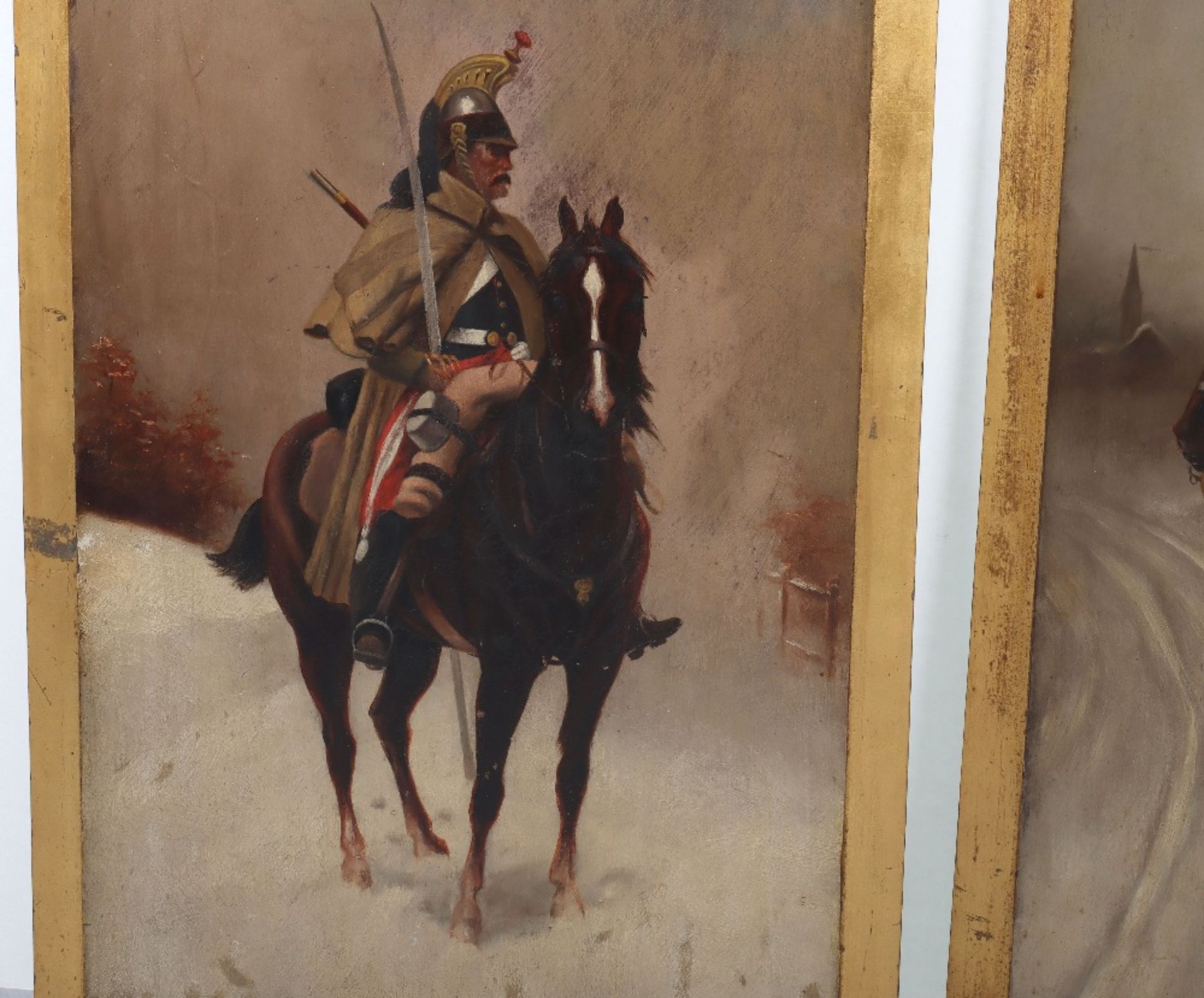 Facing Pair of Oil on Board Paintings of French Napoleonic Cavalry - Image 2 of 6