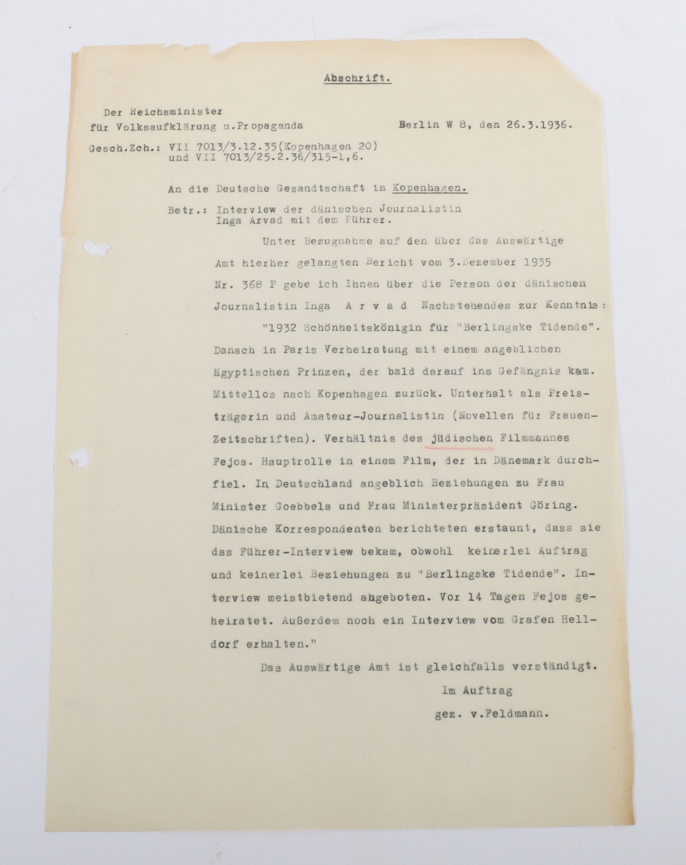 Interesting Third Reich Documents Relating to the Danish Journalist and Hollywood Gossip Columnist I
