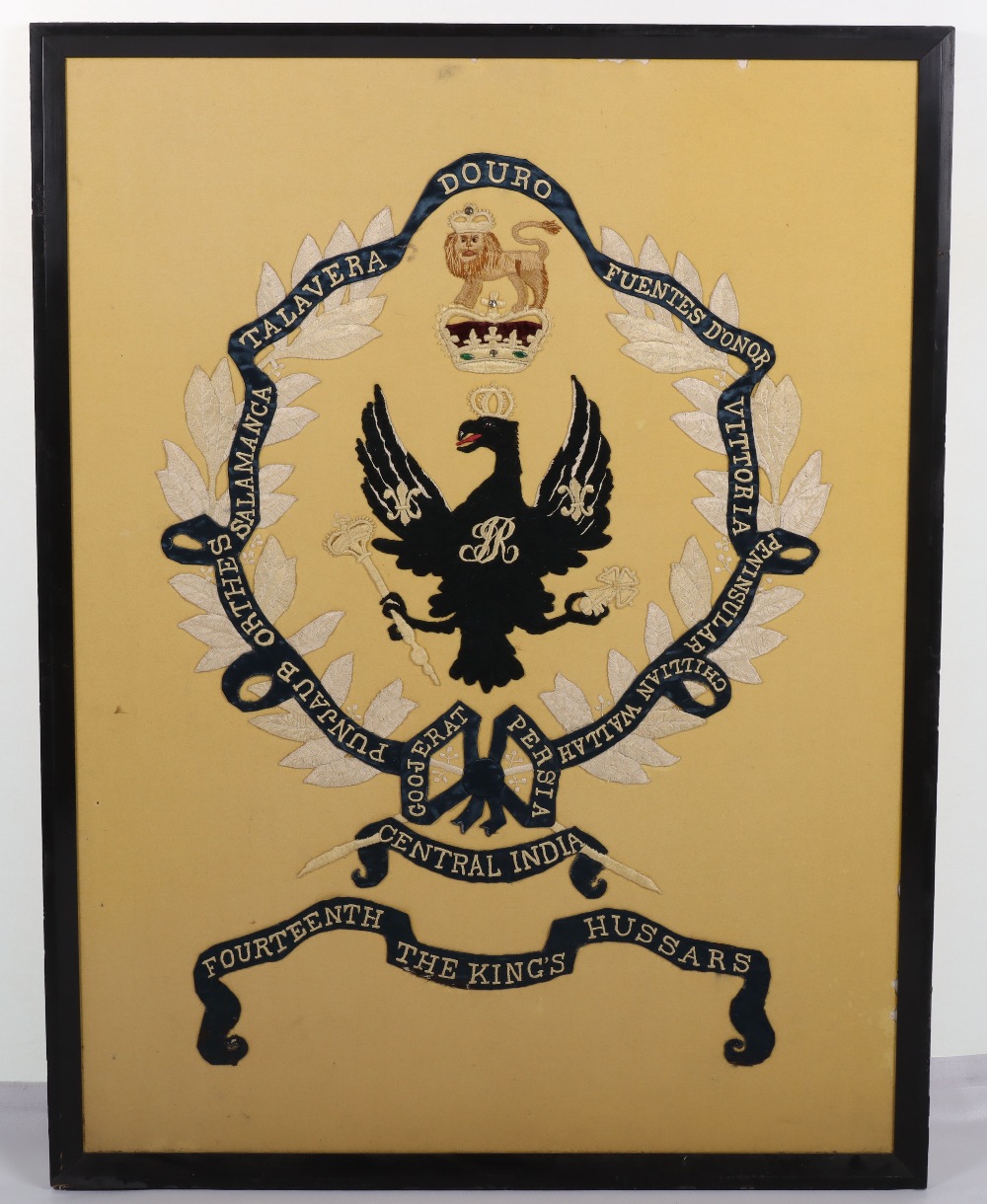 Large Framed Early Regimental Embroidery of the 14th Kings Own Hussars