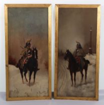 Facing Pair of Oil on Board Paintings of French Napoleonic Cavalry