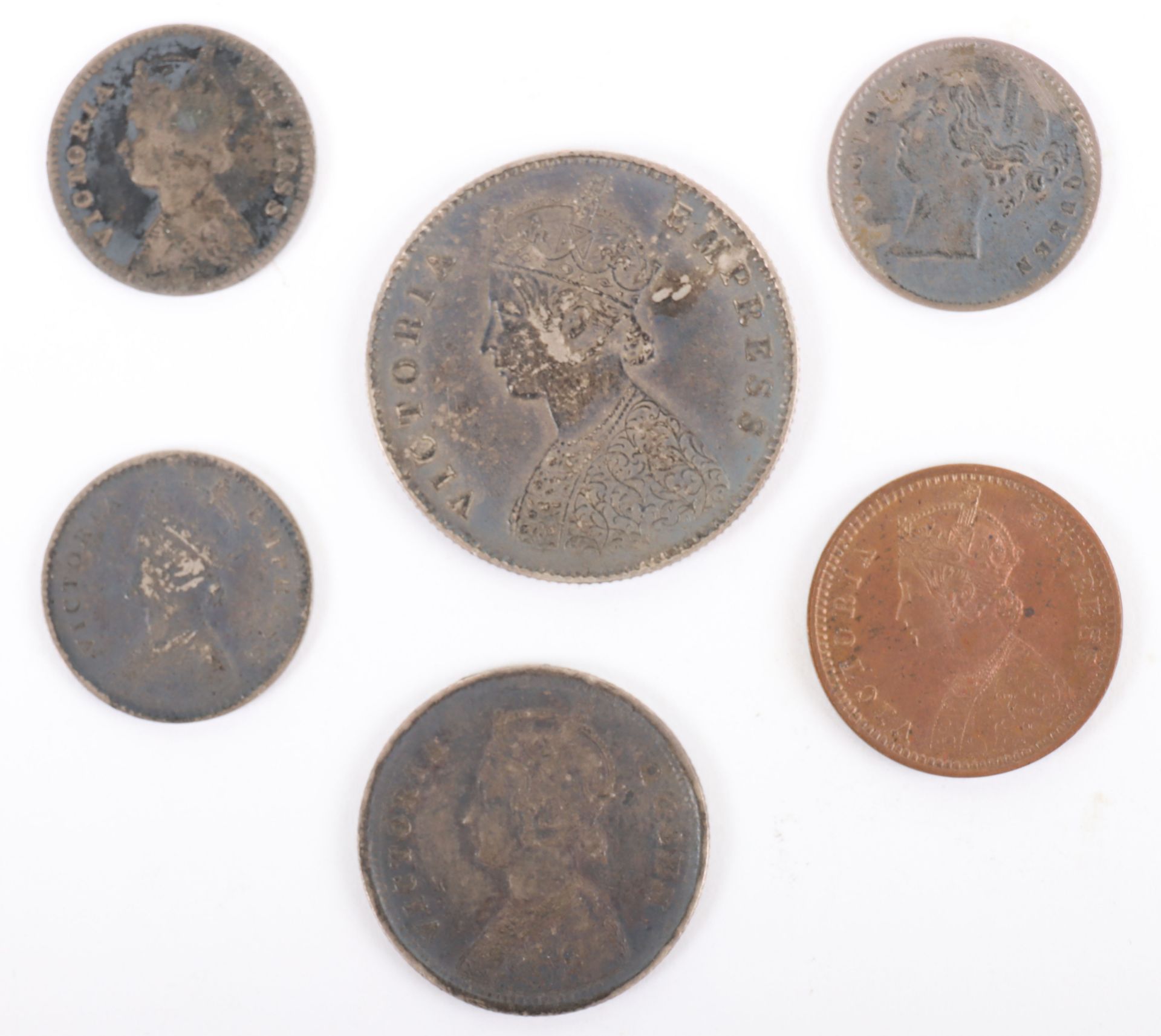 British India, Victoria (1837-1901), Half Rupee 1893, Quarter Rupee 1862, Two Annas 1841, 1878 and 1