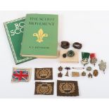 Boy Scouts items including two badges with red and green plume