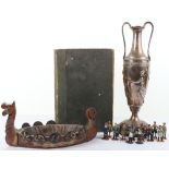 A mixed lot of items including a silver plated neo-classical converted lamp base by Walker & Hall, a
