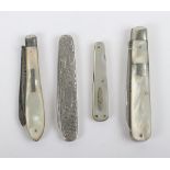 Four Victorian silver and mother of pearl combination and travelling knives