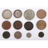 A selection of coins including 1902 Shilling, 1906 Florin, 1807 Halfpenny