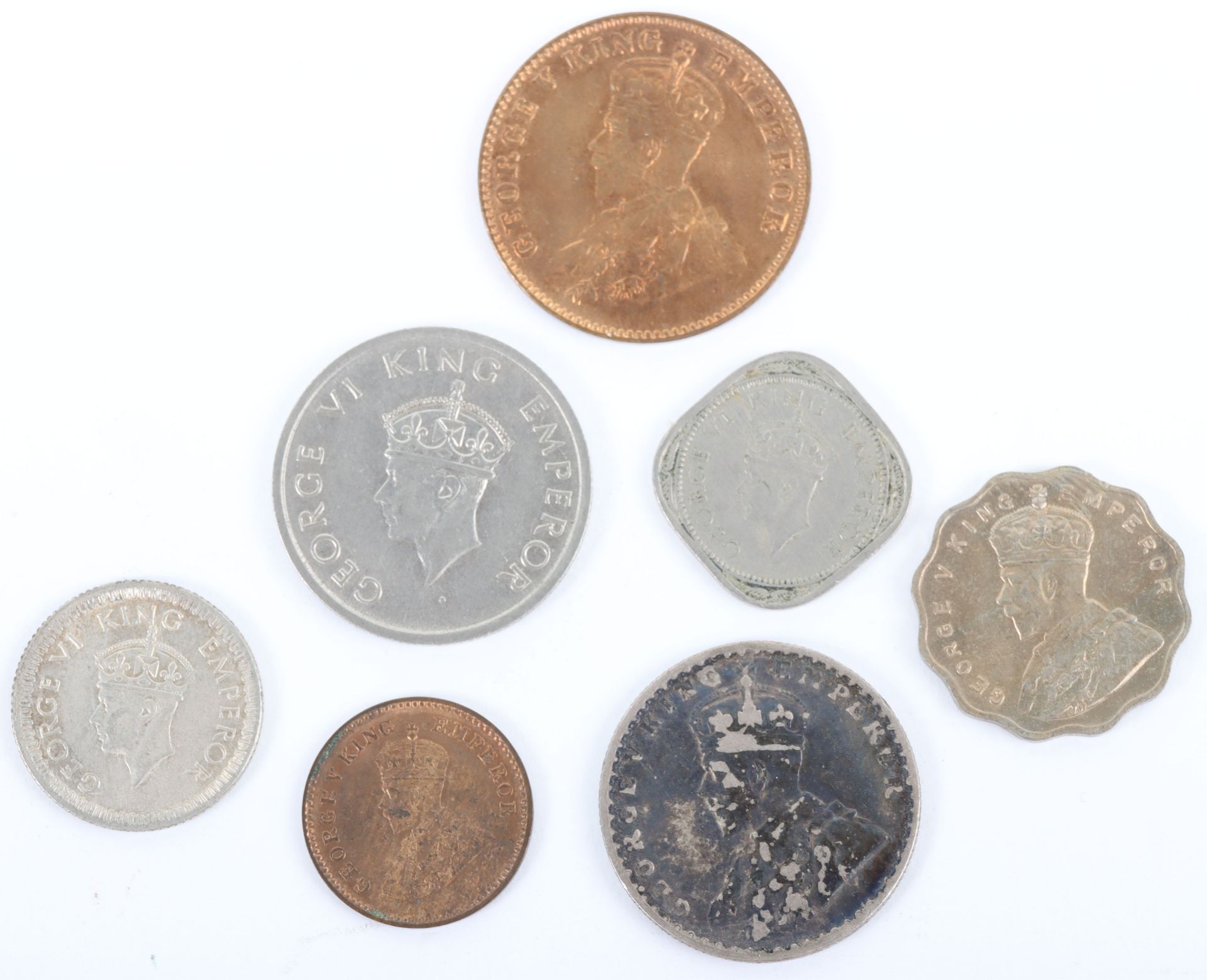 British India, George V (1910-1936), Half Rupee 1928, 1 Anna 1936, One Quarter Anna 1927 and 1/12 An