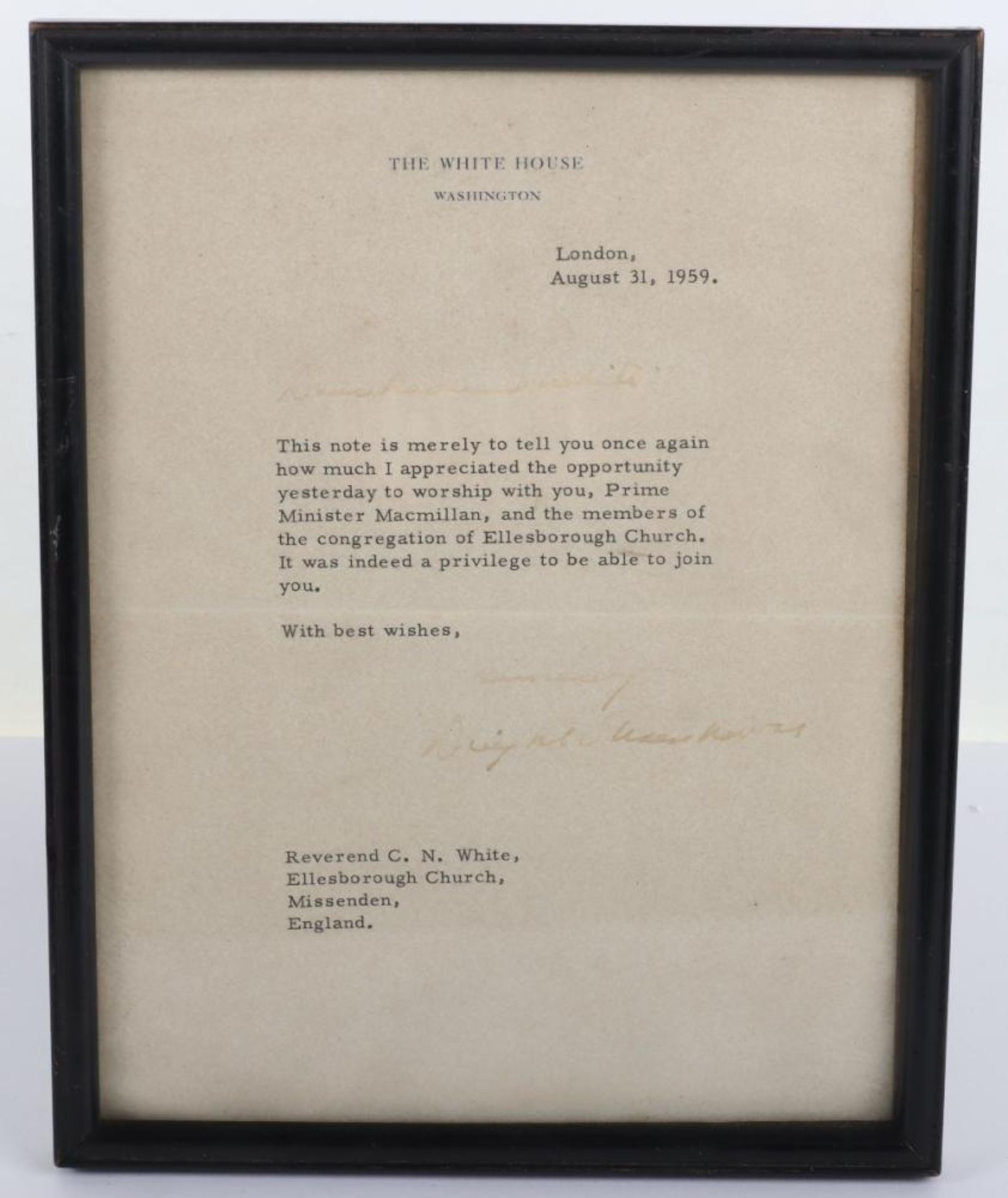 Interesting Autographed letter framed, Dwight D. Eisenhower. 1959