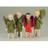 A group of four all-bisque miniature dolls, German circa 1910,