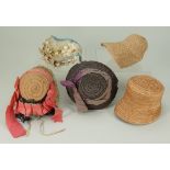 Five various dolls bonnets,