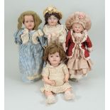 Four bisque head dolls, English 1915-20,