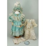 A good blue silk dolls dress and bonnet for French Bebe,