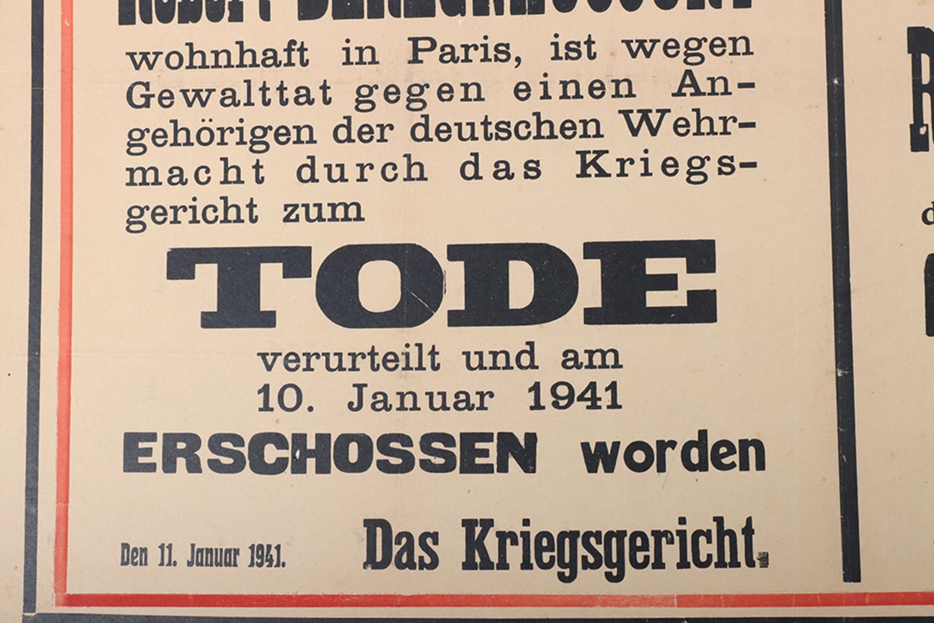 Powerful original German Poster announcing the execution of Robert Deregnaucourt - Image 5 of 7