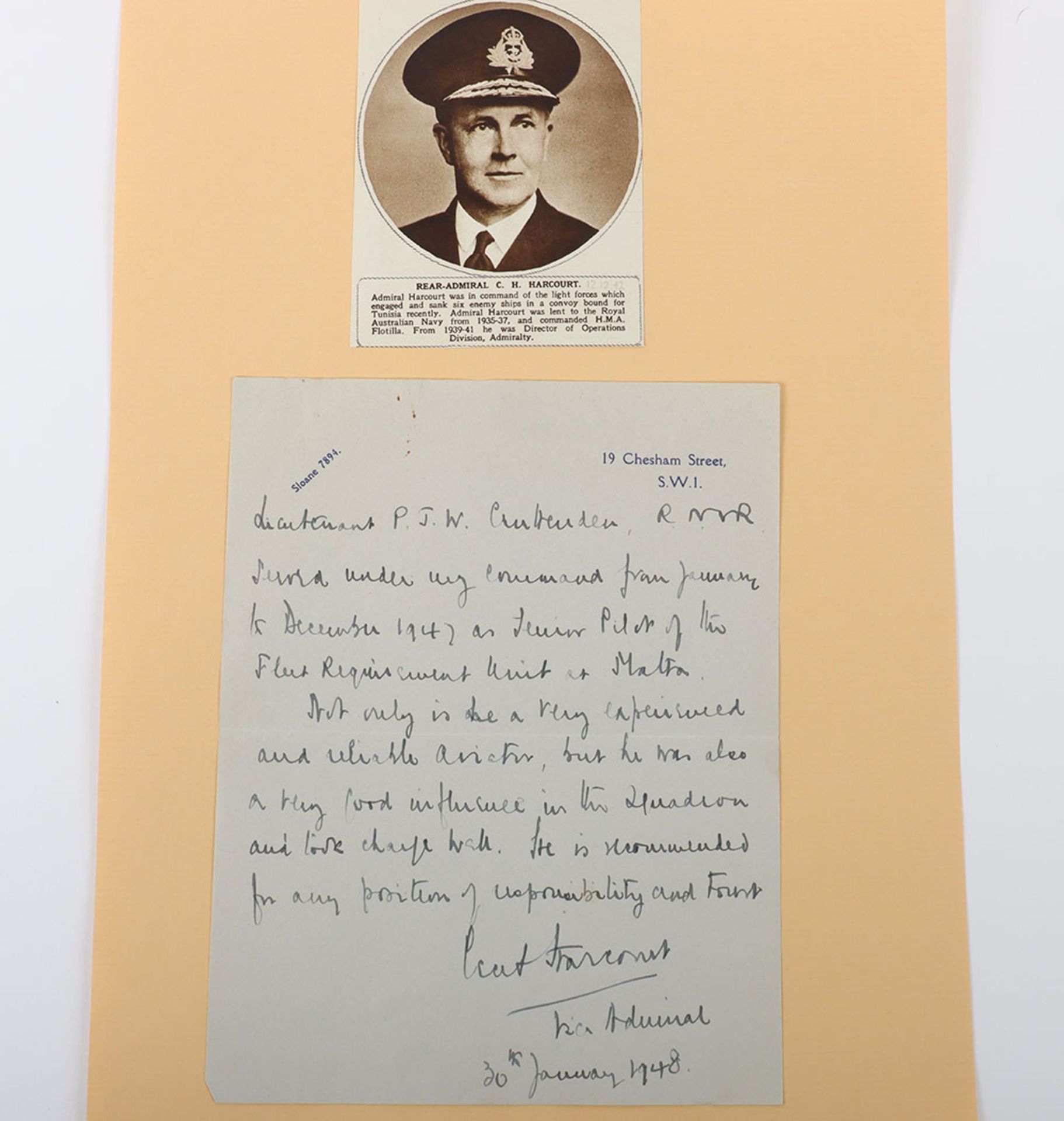 Harcourt, Admiral Sir Cecil Halliday Jepson, Signed and handwritten Testimonial for Lt P.J.W Crutten