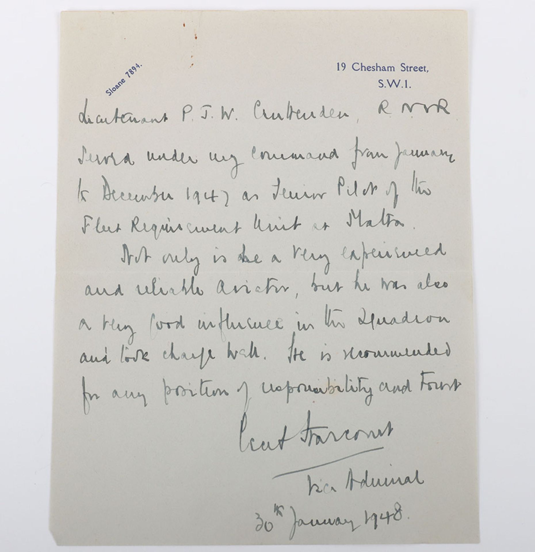 Harcourt, Admiral Sir Cecil Halliday Jepson, Signed and handwritten Testimonial for Lt P.J.W Crutten - Bild 3 aus 4