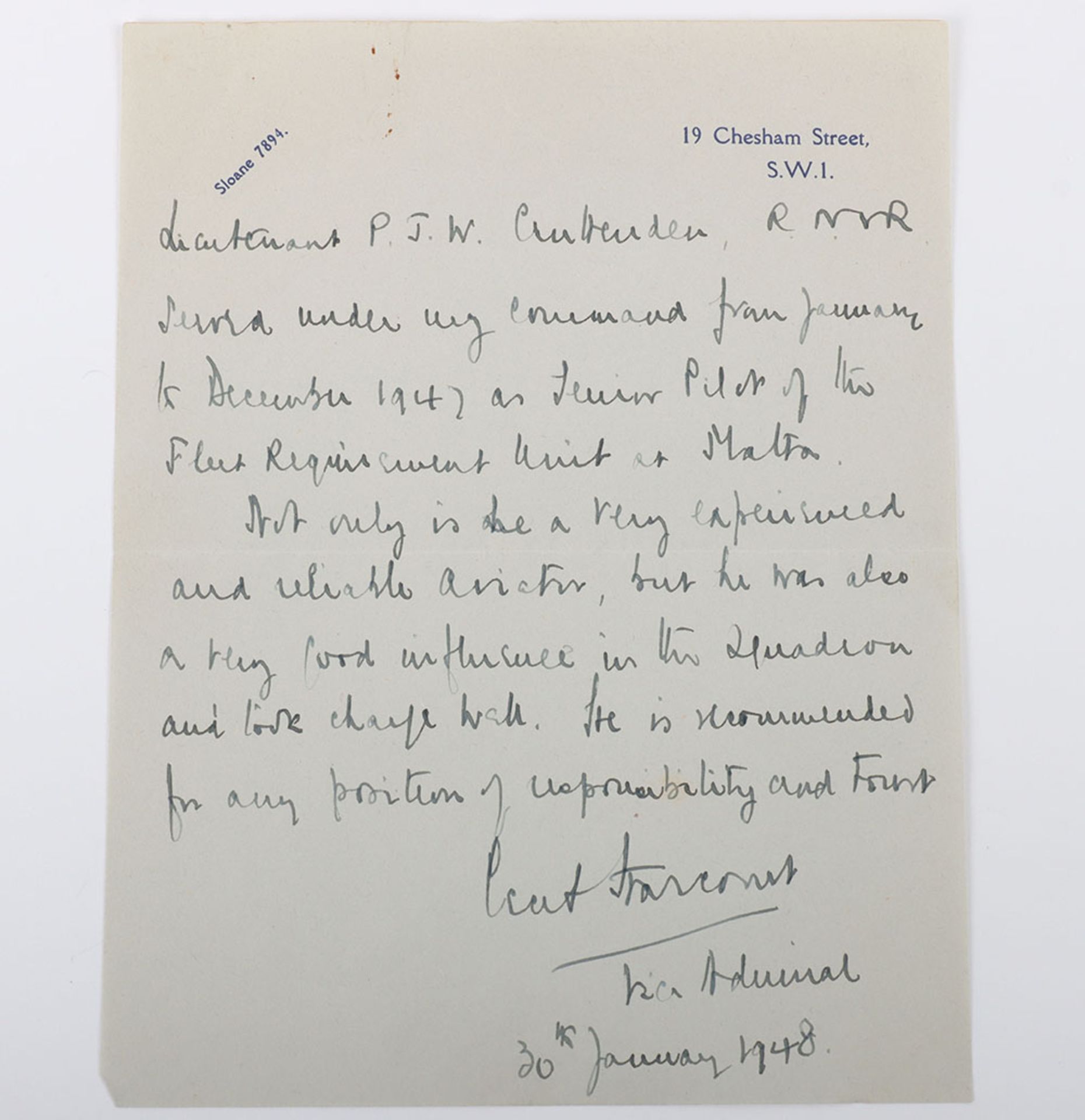 Harcourt, Admiral Sir Cecil Halliday Jepson, Signed and handwritten Testimonial for Lt P.J.W Crutten - Image 3 of 4