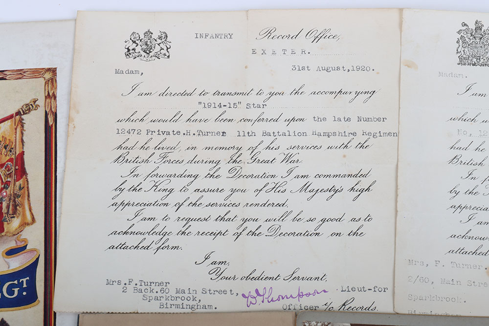 Hampshire Regiment interesting mixed ephemera including official War Office letter to " mother" - Image 6 of 9