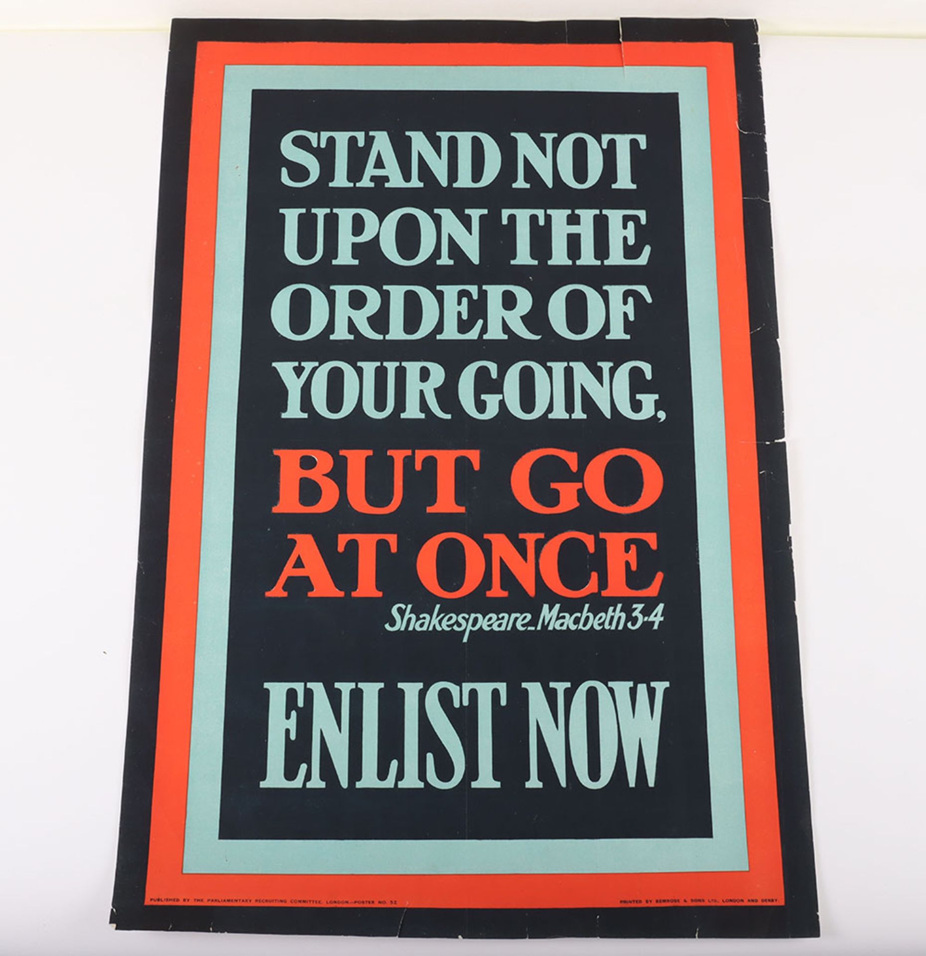 Parliamentary Enlisting Poster no 52. "But Go at Once" with Shakesperian reference