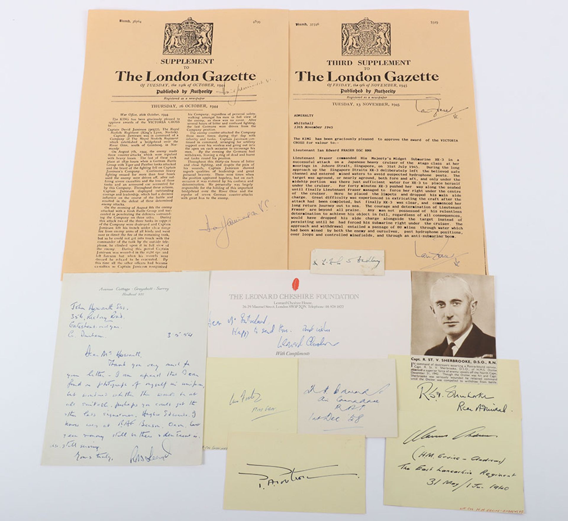 Victoria Cross World War II signatures on letters, cards, clipped documents copied London Gazette ci