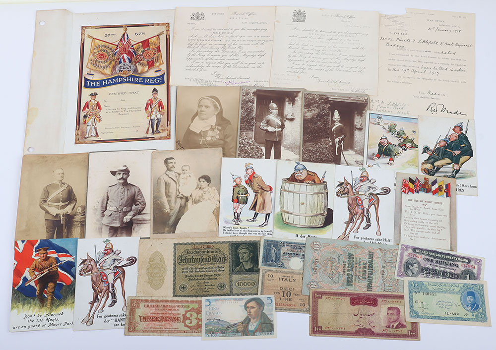 Hampshire Regiment interesting mixed ephemera including official War Office letter to " mother"