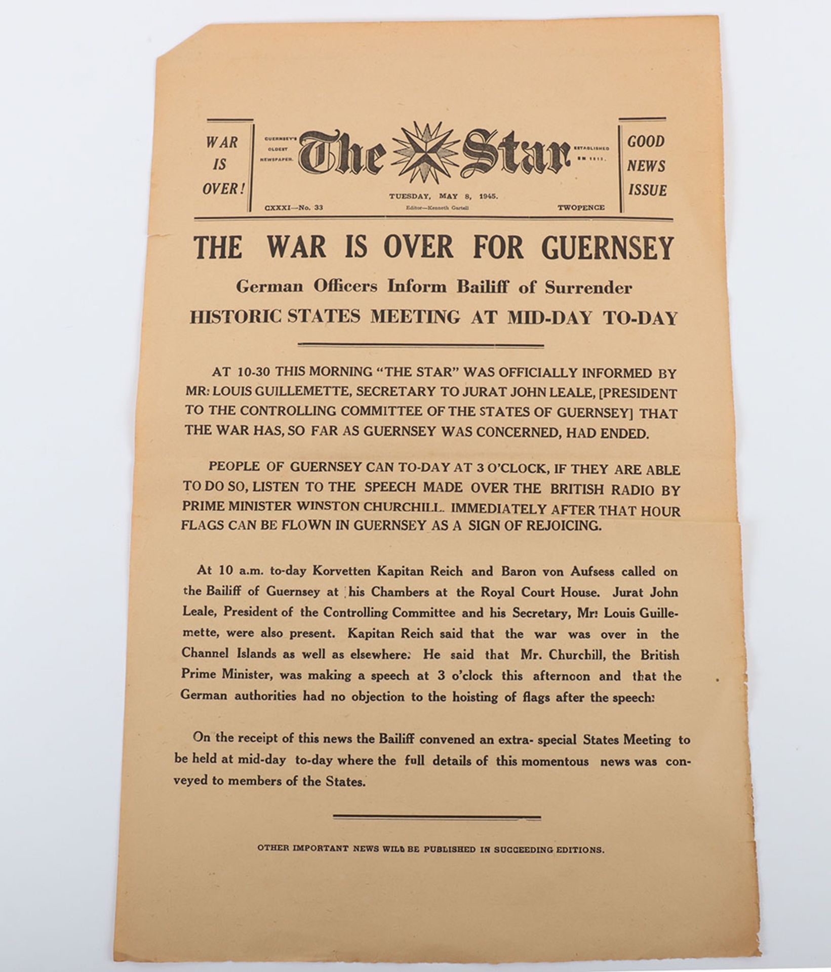 The War is Over For Guernsey Historic single sheet newspaper, the Star