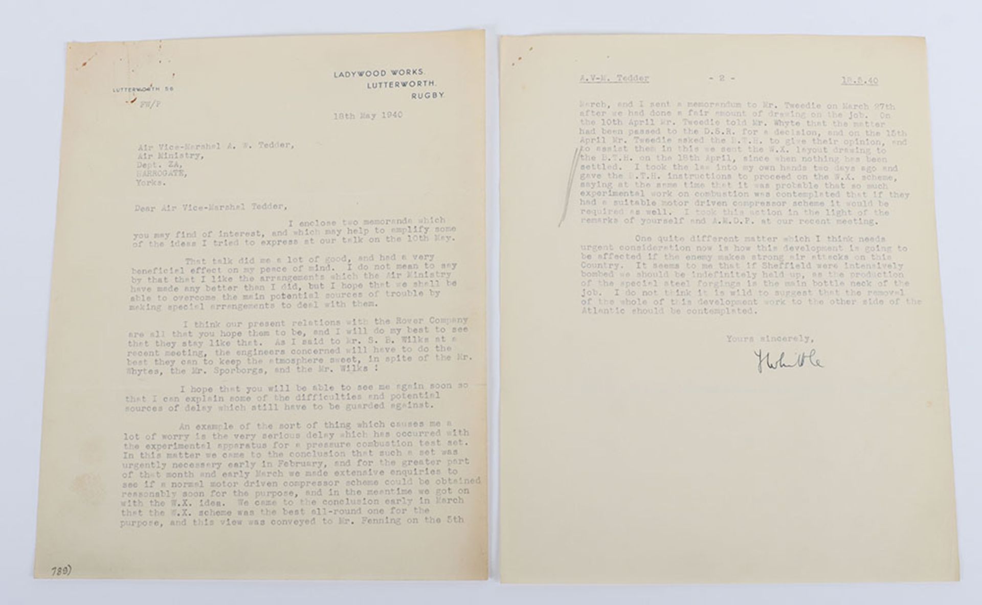 Frank Whittle, Highly important documents relating directly to the development and testing of the tu